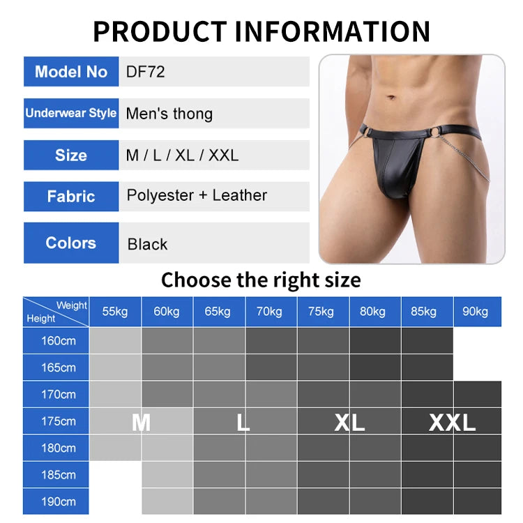 Homosexual Sexy Gay Style Black Leather Underwear Low-rise Waist Chain Decoration Homosexual Thong Bold Design Men's T-back