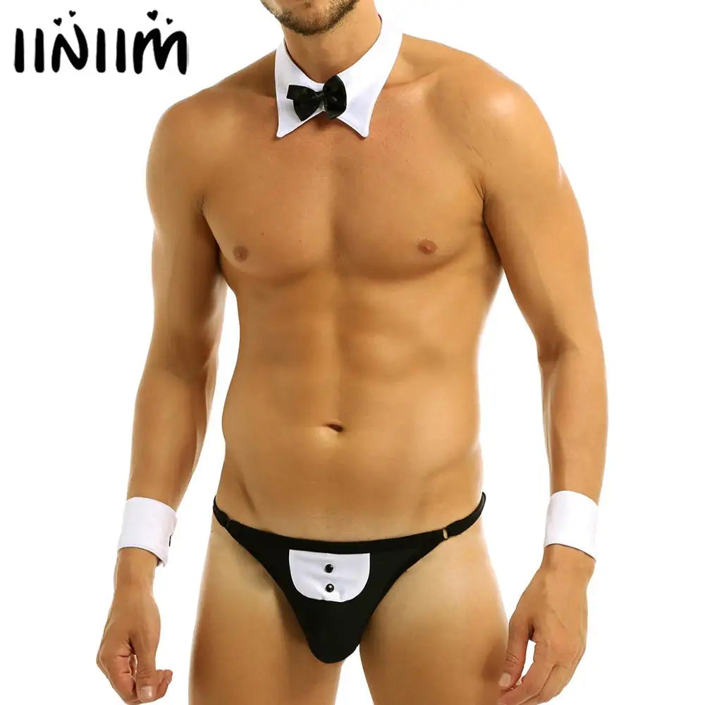 Mens Waiter Maid Lingerie Exotic Costumes Jockstraps Bulge Pouch Sissy Bowknot Tuxedo Gay Sexy Briefs Underwear with Bow Tie