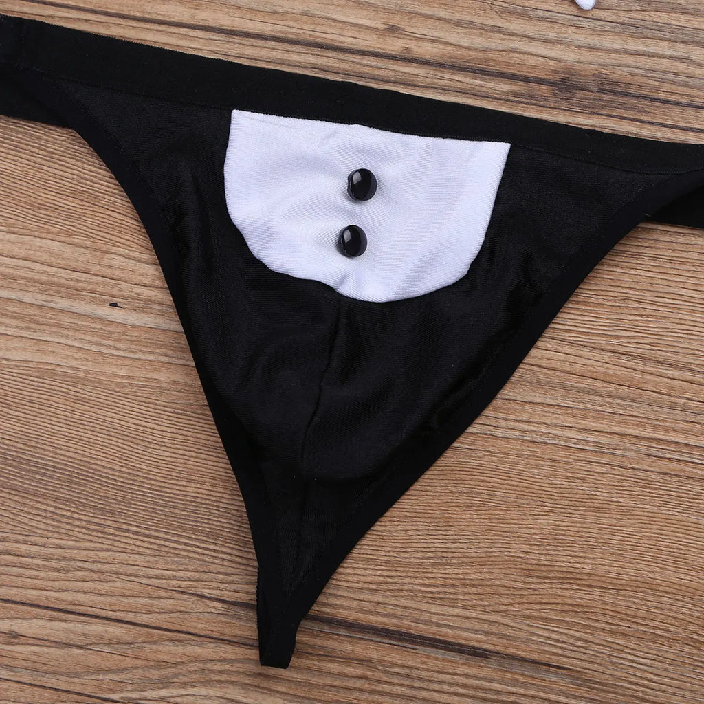 Mens Waiter Maid Lingerie Exotic Costumes Jockstraps Bulge Pouch Sissy Bowknot Tuxedo Gay Sexy Briefs Underwear with Bow Tie