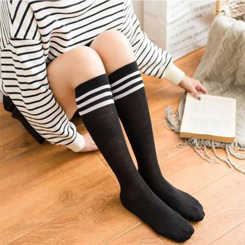 FINETOO Sexy Black White Striped Long Socks Women Over Knee Thigh High Over The Knee Stockings Ladies Girls Warm Knee Socks 2023