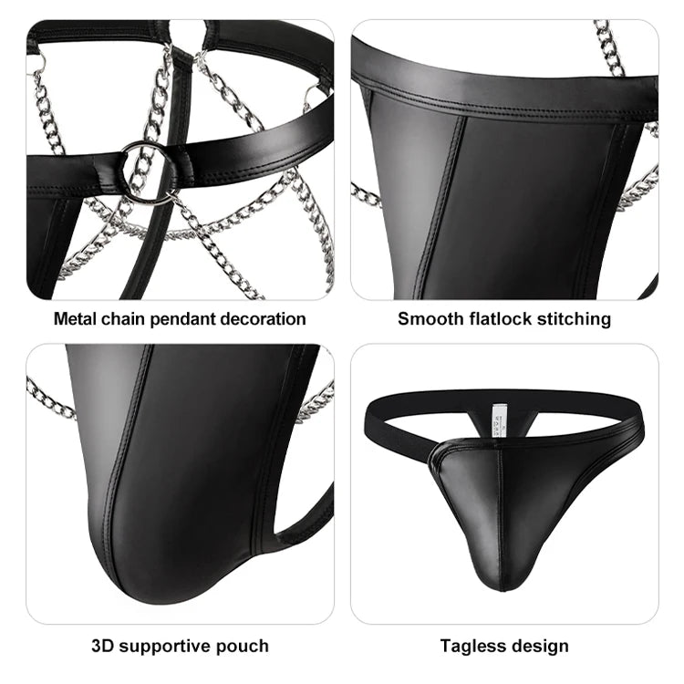 Homosexual Sexy Gay Style Black Leather Underwear Low-rise Waist Chain Decoration Homosexual Thong Bold Design Men's T-back