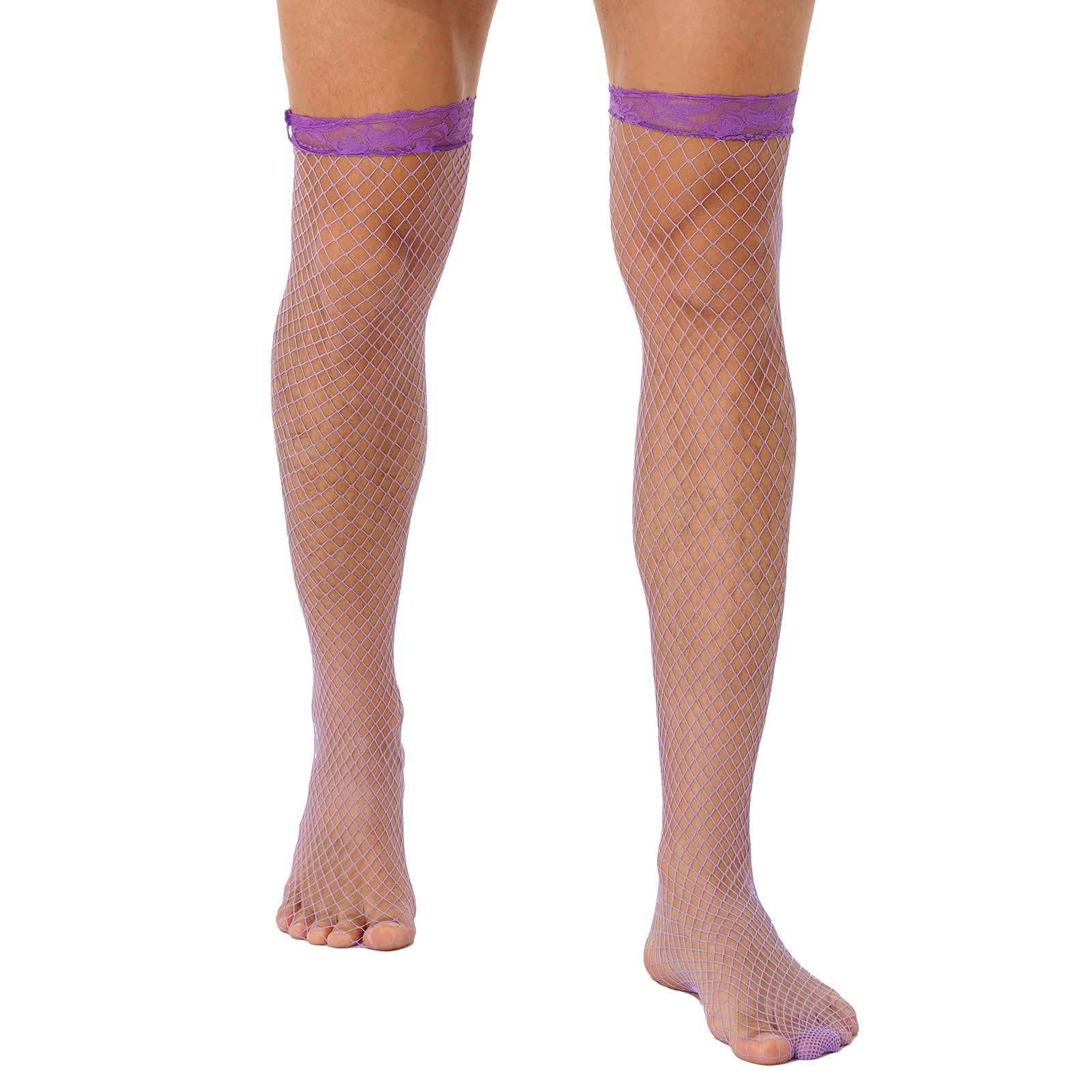 Men Glossy See-through Stockings Thin Shiny Solid Color Stretchy Sheer Thigh High Socks Sissy Fishnet Hollow Out Mesh Hosiery