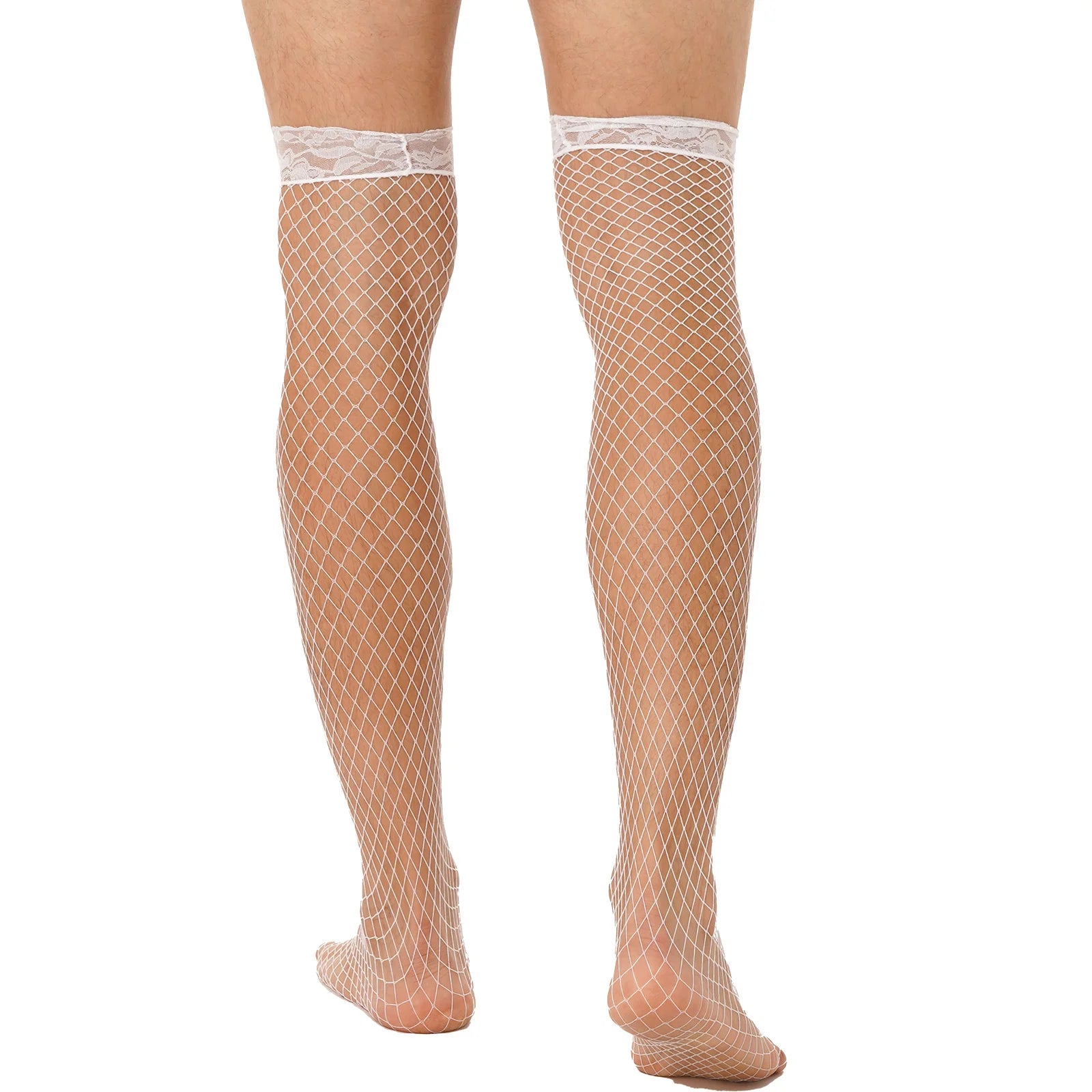 Men Glossy See-through Stockings Thin Shiny Solid Color Stretchy Sheer Thigh High Socks Sissy Fishnet Hollow Out Mesh Hosiery