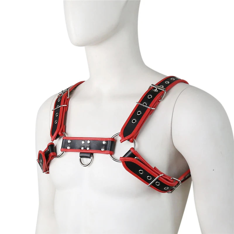 Leather Fetish Men BDSM Gay Chest Harness Belts Male Sexual Bondage Clothes Black and Red Body Harness Straps Punk Rave Tops