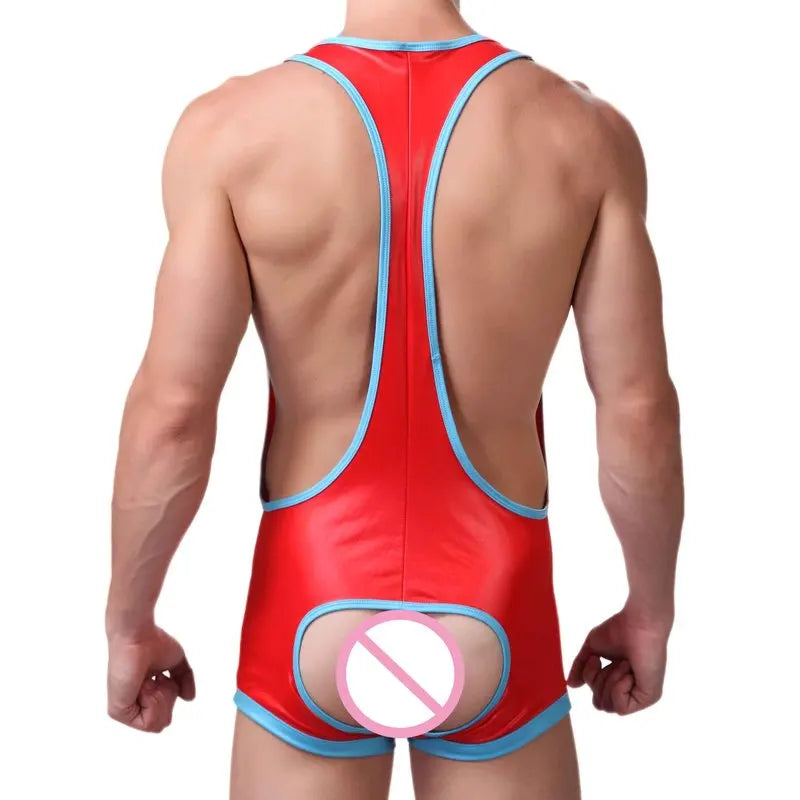 PU Leather Undershirts Leotard Men Bodysuit Jockstrap Latex Lingerie Open Butt Bugle Pouch Jumpsuit Wrestling Singlet Underwear