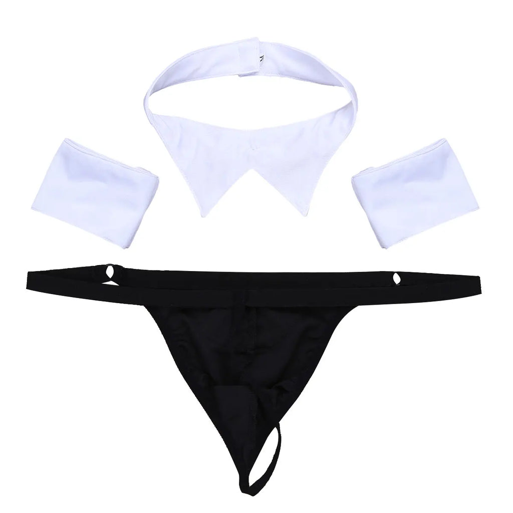 Mens Waiter Maid Lingerie Exotic Costumes Jockstraps Bulge Pouch Sissy Bowknot Tuxedo Gay Sexy Briefs Underwear with Bow Tie