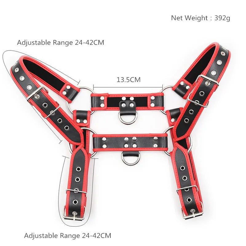 Leather Fetish Men BDSM Gay Chest Harness Belts Male Sexual Bondage Clothes Black and Red Body Harness Straps Punk Rave Tops