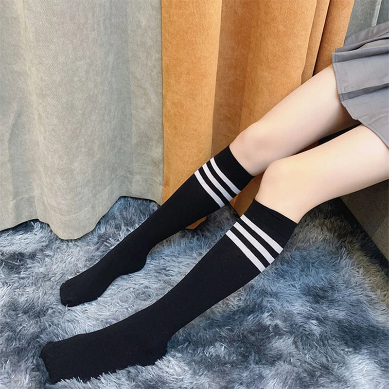 FINETOO Sexy Black White Striped Long Socks Women Over Knee Thigh High Over The Knee Stockings Ladies Girls Warm Knee Socks 2023