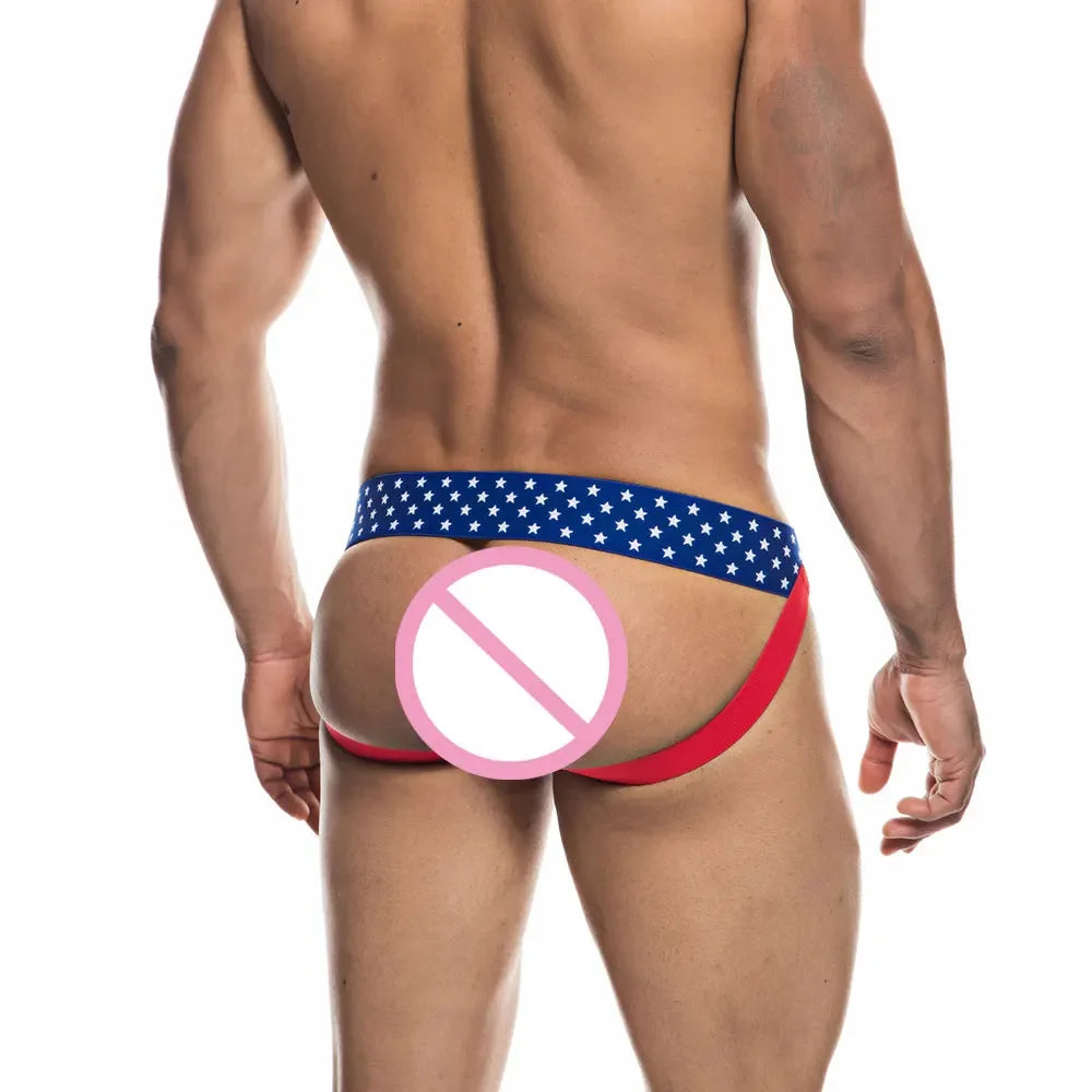 Men's Jockstrap Athletic Supporters Underwear, Sexy USA Flag Gym Workout Breathable Performance Jock Strap G String Thong Gay