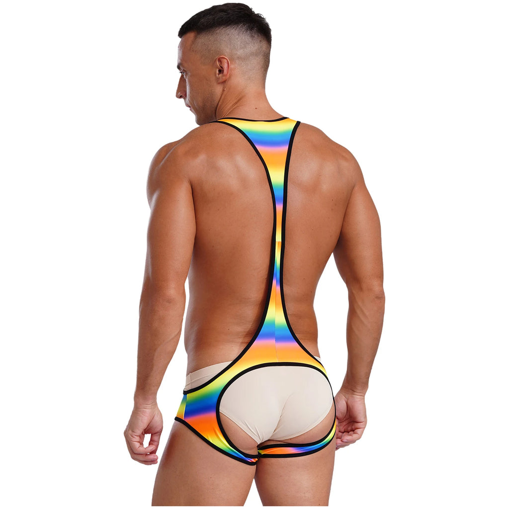 Sexy Mens Cutout U Neck Wrestling Singlet Costume Sleeveless Jockstrap Bodysuit Printed Open Butt Leotard Bodybuilding Fitness