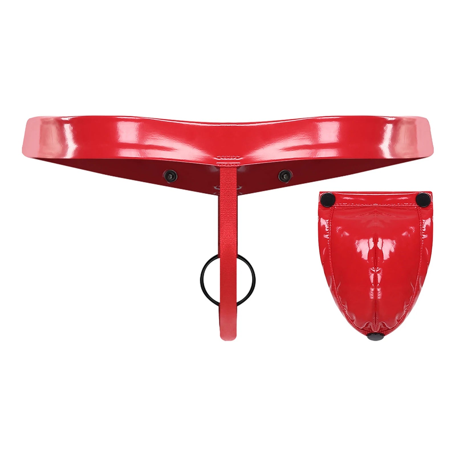 Mens Lingerie 2-in-1 Jockstrap Underwear Underpants O-ring Thong with Detachable Crotch Cover Glossy PU T-back Briefs Panties