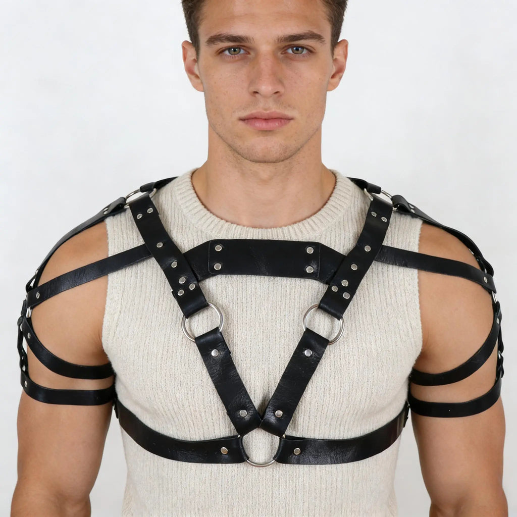 Men's Punk Waist Belt, Gothic Black Leather Chest Harness Adjustable With Buckles and O-Rings Costume Costume