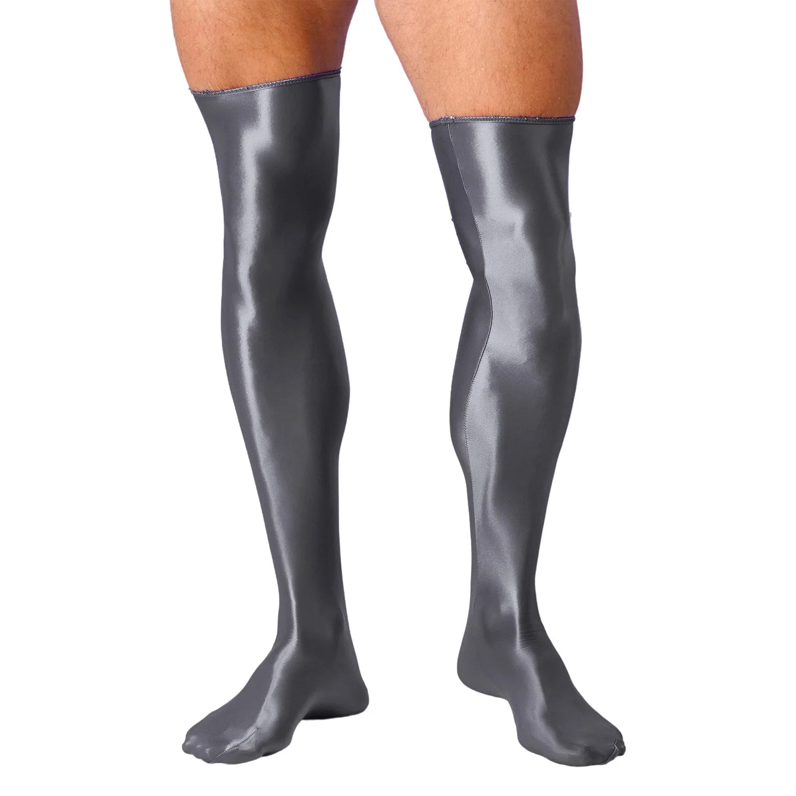 Mens Glossy Thigh High Stockings Solid Oil Shiny Smooth Stretchy Knee High Socks Sexy Sissy Crossdresser Nightclub Clubwear