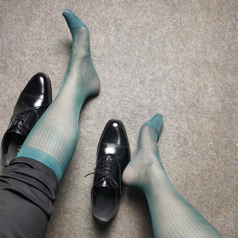 Men Sexy Dress Transparent Tube Silk High Socks Men Nylon Silk BDSM Slave Fetish Sissy Gay Hosiery Men Pure Sex Gaming Stockings