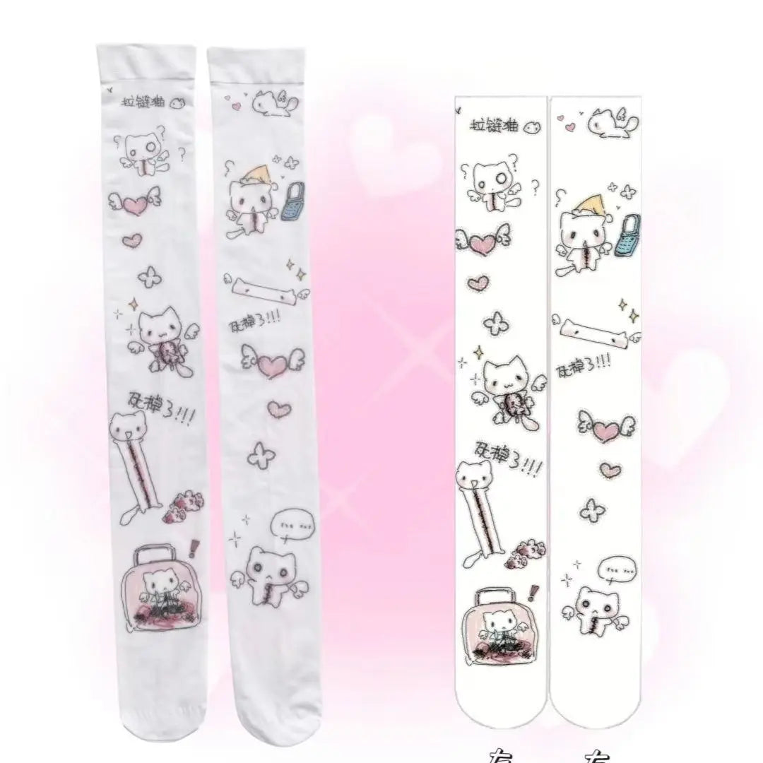 White Sexy Subculture Cute Cartoon Print Long Socks Haraiuku Over Knee Thigh High Stockings Y2K Cosplay Women's Socks Kawaii