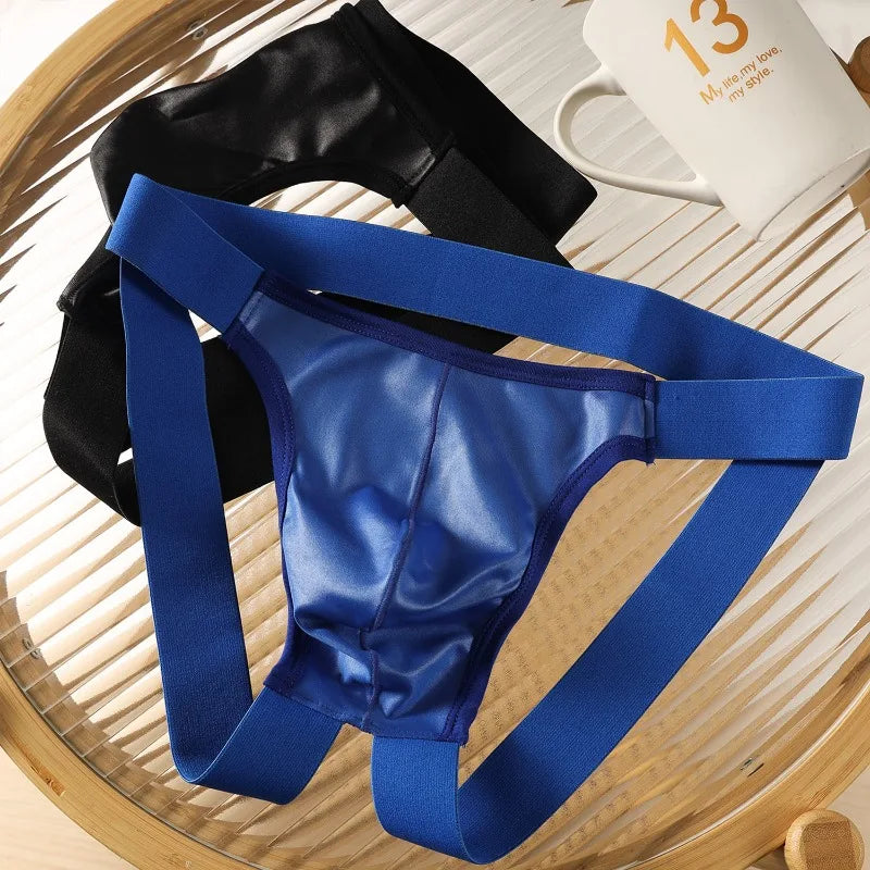 Men's Sexy Jockstrap Thong Open Back Stretch Leather Underwear Korean Youth Bugle Pouch Jock Strap Lingerie Hollow Butt G-String