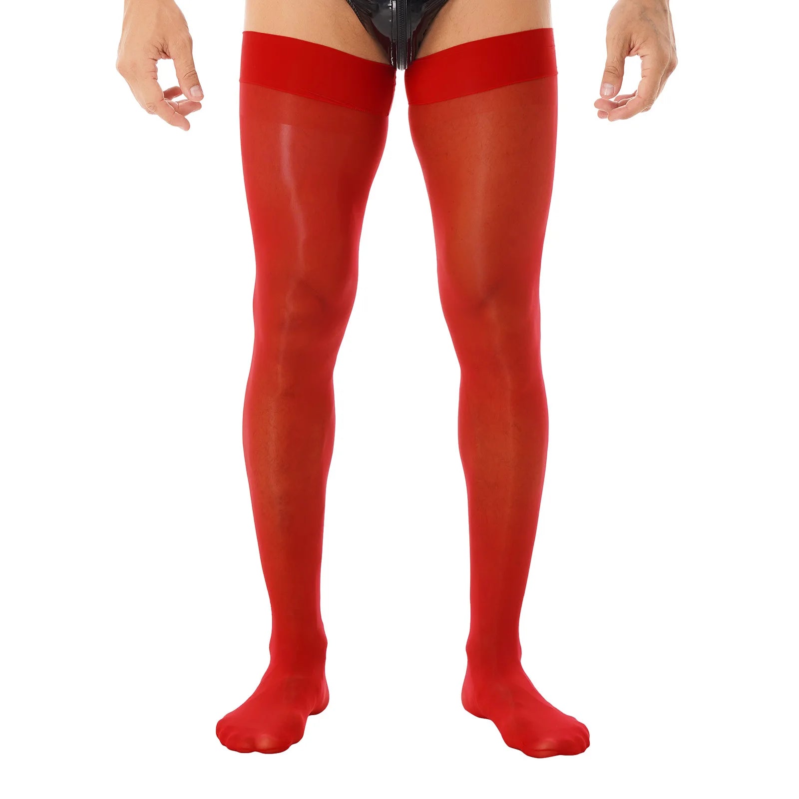 Men Glossy See-through Stockings Thin Shiny Solid Color Stretchy Sheer Thigh High Socks Sissy Fishnet Hollow Out Mesh Hosiery