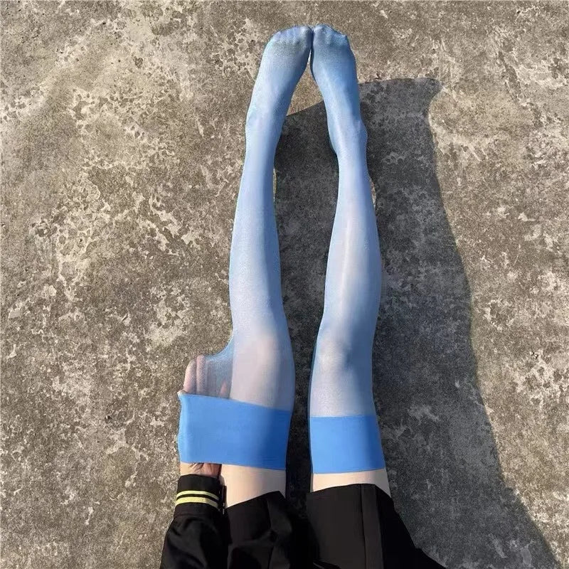 Sexy Blue Stockings for Women Erotic Slightly Shine Silky Hosiery Wide Tube Over Knee Long Socks Transparent Thigh High Stocking