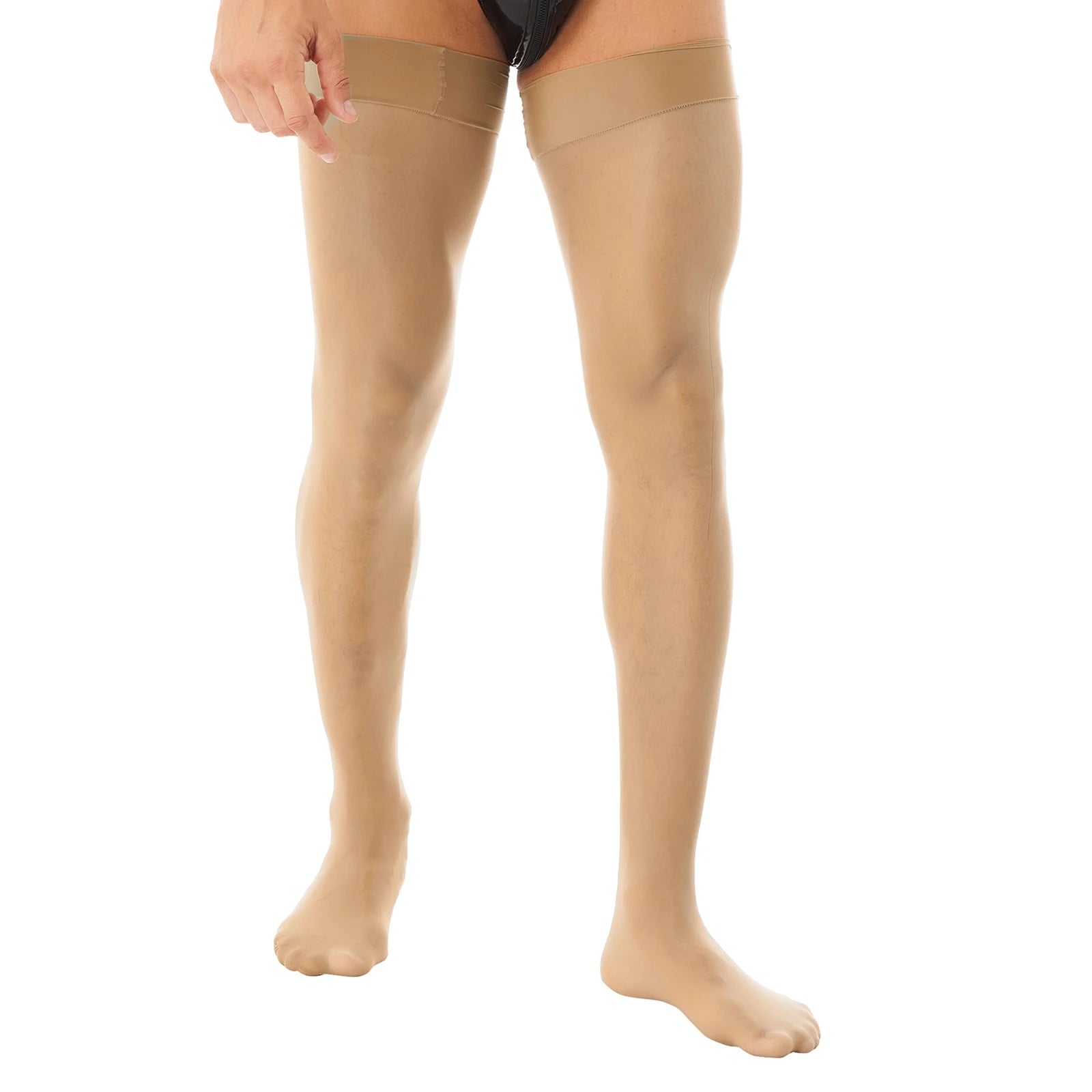 Men Glossy See-through Stockings Thin Shiny Solid Color Stretchy Sheer Thigh High Socks Sissy Fishnet Hollow Out Mesh Hosiery