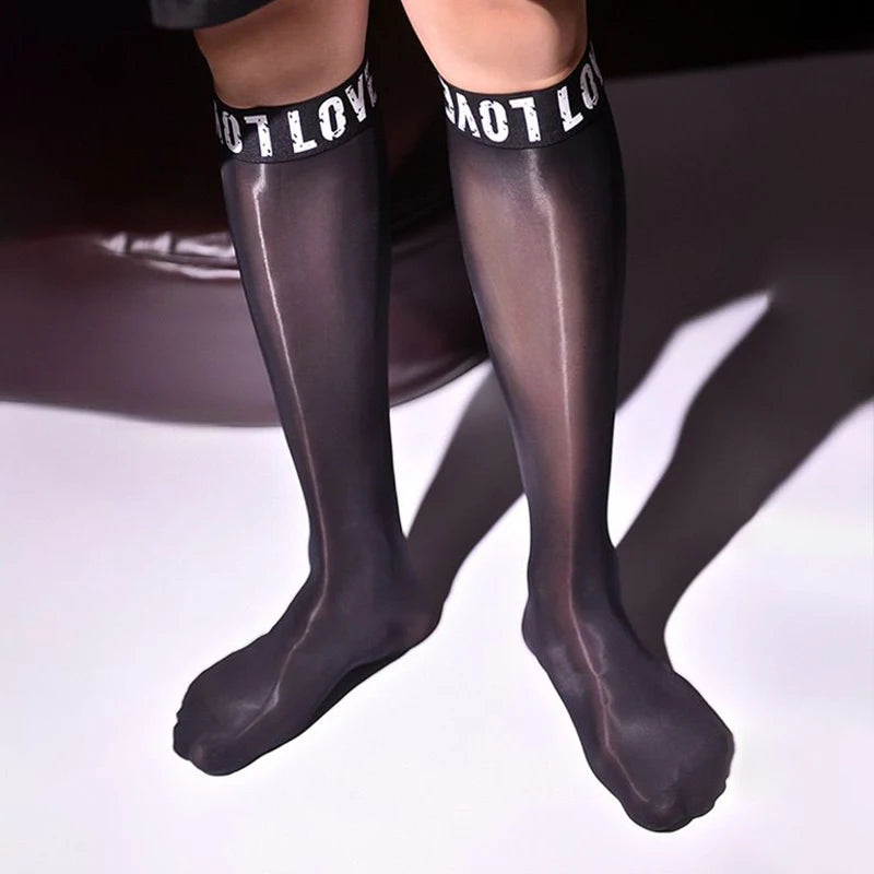 New Personalized Letters Stockings Comfortable Breathable Sexy Femboy Black Stockings Silky Smooth Oily Stretch Business Socks