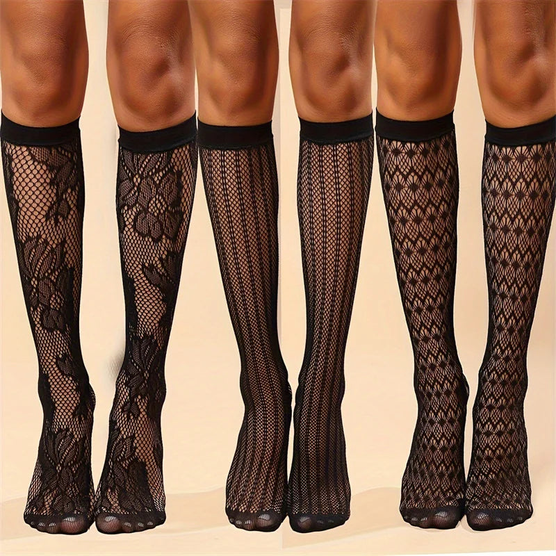 3 Pair Sexy Fishnet Stockings Hollow Out Woman Socks Transparent Knee High Socks Gothic Lolita Japanese Mid-tube Female Socks