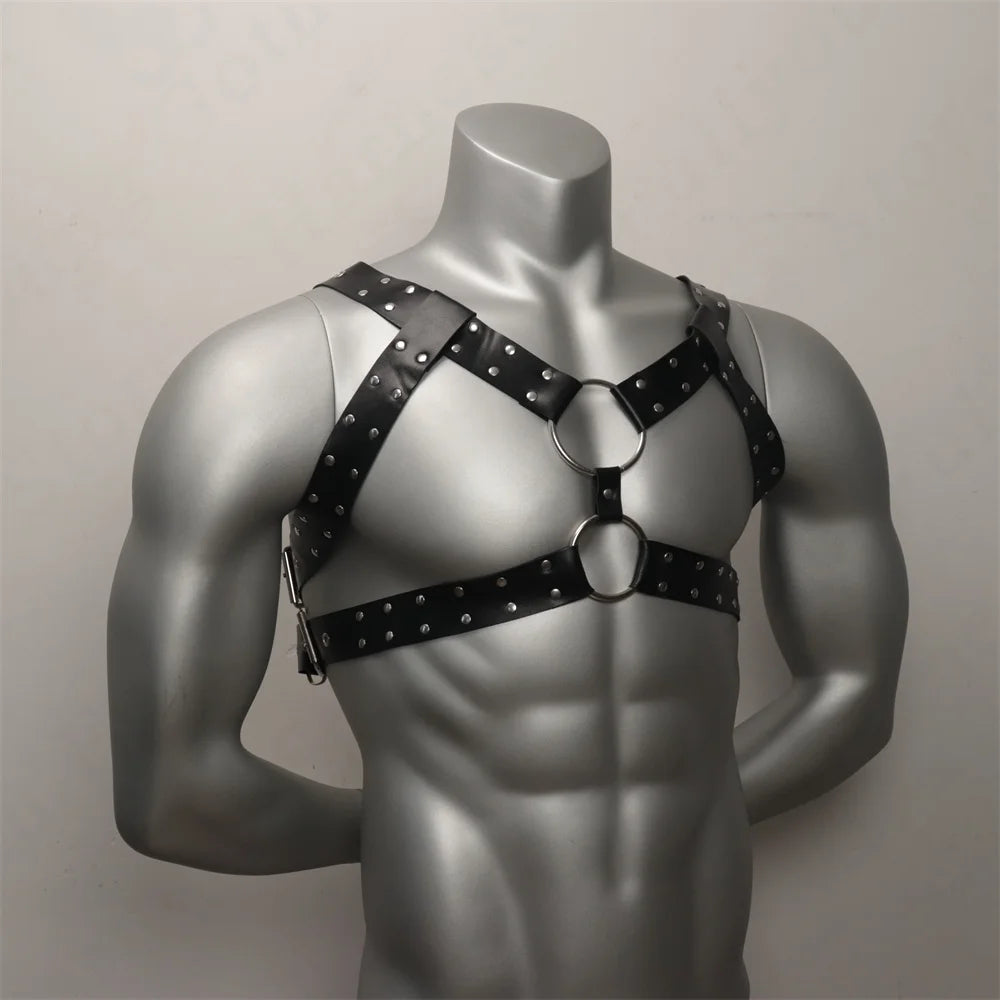 Leather Chest Harness Men with Armband Fetish Gay Body Bondage Cage BDSM Crossed Harness Belts for Men Punk Gothic Male Costumes