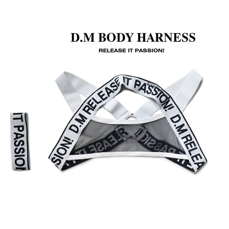 Designer Men Fashion Harness Shoulder Straps with Mesh Letter Printed Chest Straps Muscular Male Gay Decorated Harness