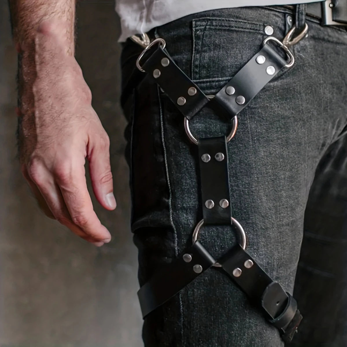 Leather Body Harness for Men - Adjustable Waist and Thigh Straps, Gothic Punk Style