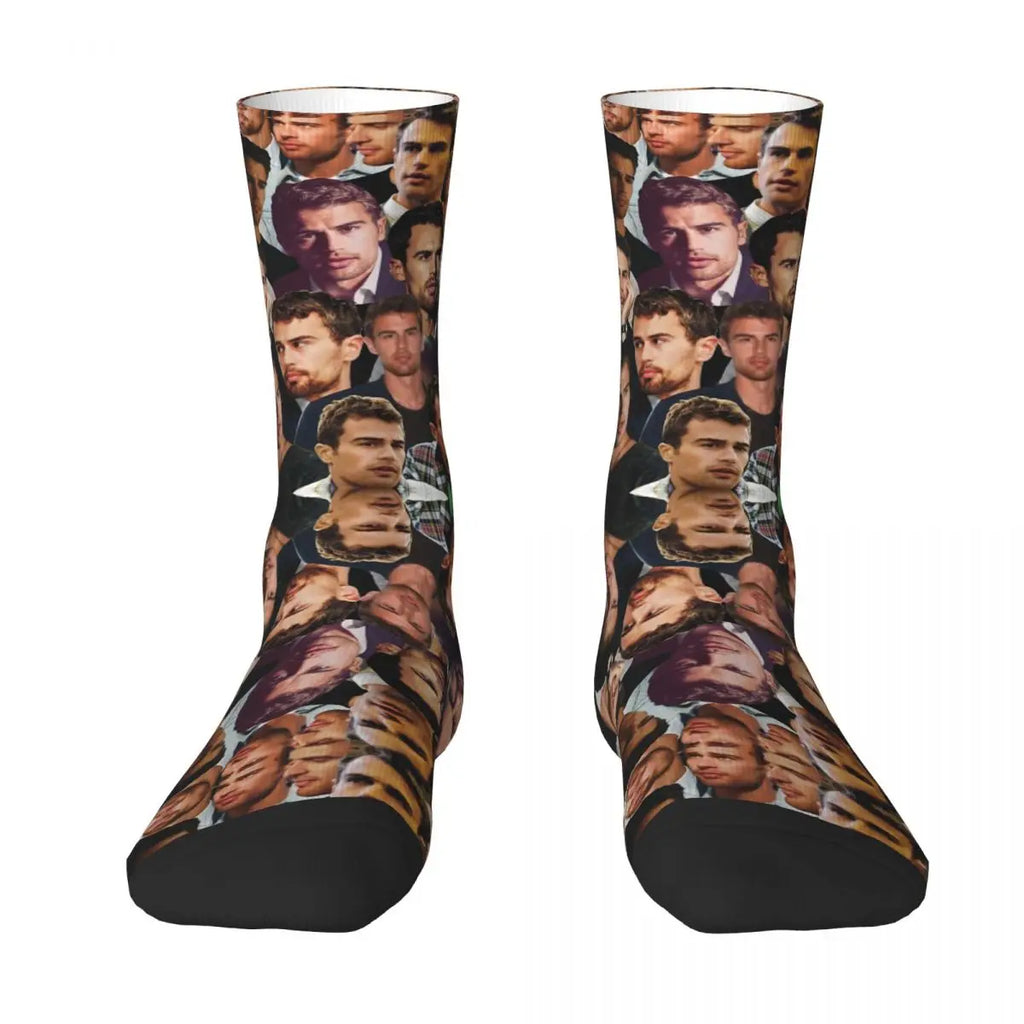 Unisex Men Socks Theo James Photo Collage English Actor Stockings Spring Funny Comfortable Socks Sports Anti Bacterial Socks