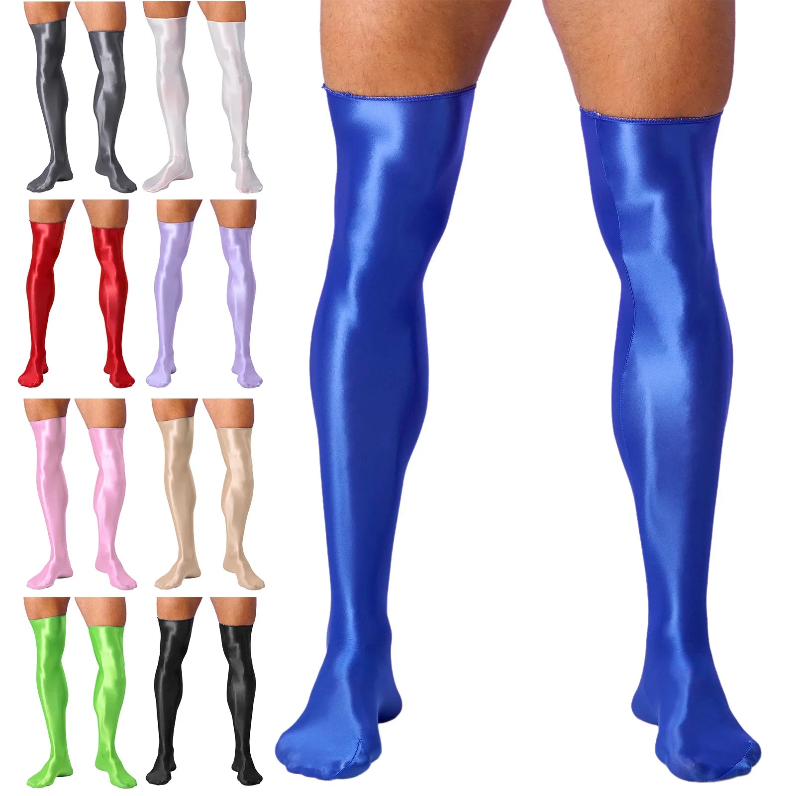 Mens Glossy Thigh High Stockings Solid Oil Shiny Smooth Stretchy Knee High Socks Sexy Sissy Crossdresser Nightclub Clubwear