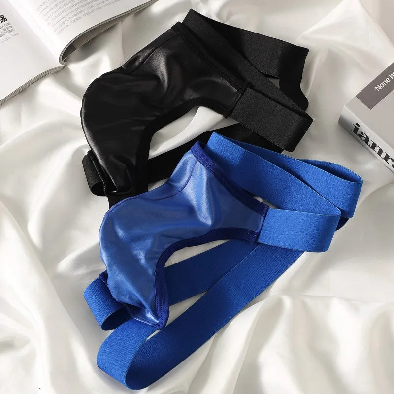 Men's Sexy Jockstrap Thong Open Back Stretch Leather Underwear Korean Youth Bugle Pouch Jock Strap Lingerie Hollow Butt G-String