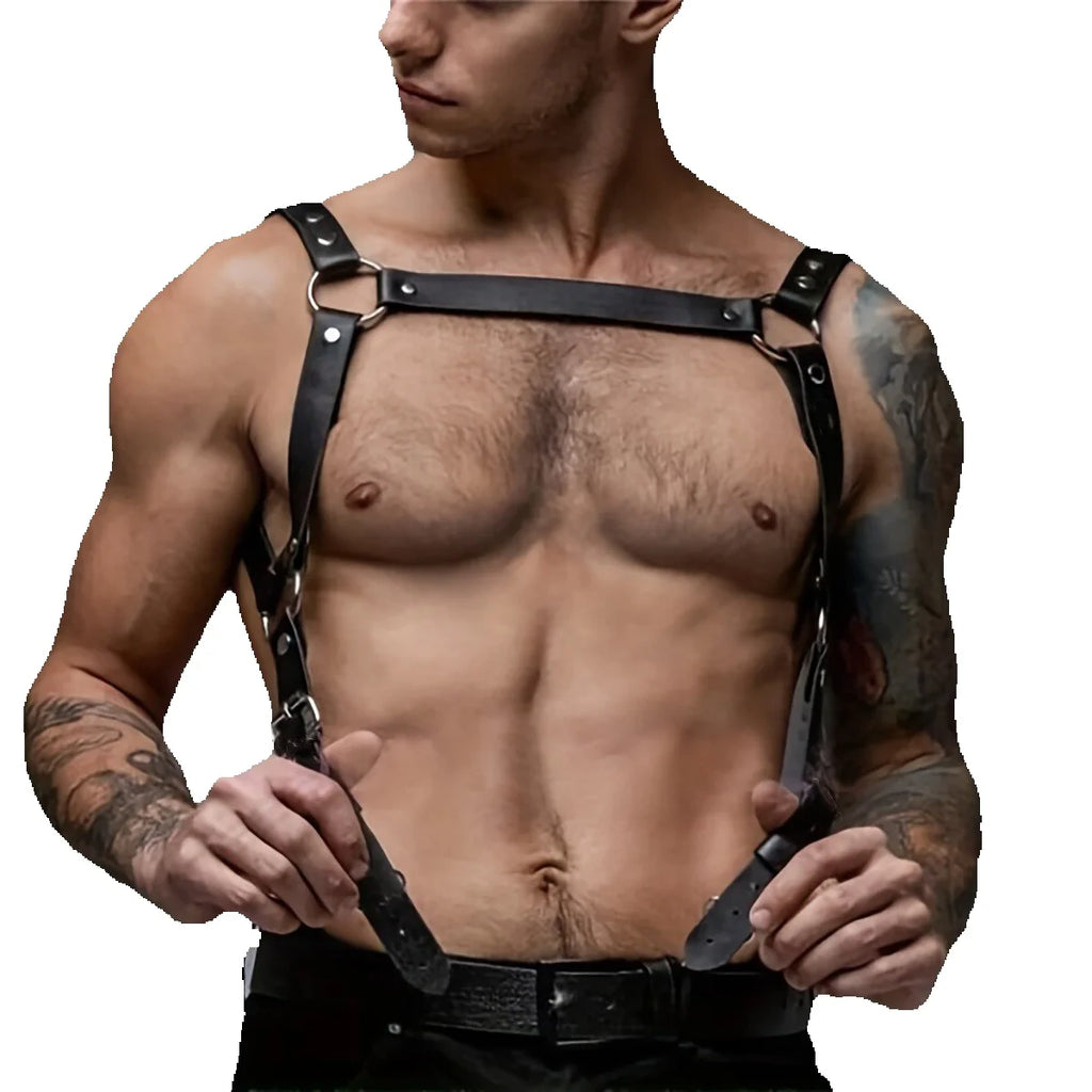 Leather Men Body Restraint Leather Shoulder Harness Belt Straps Suspenders Braces Armor Costume Sexual Male Lingerie Punk Gothic