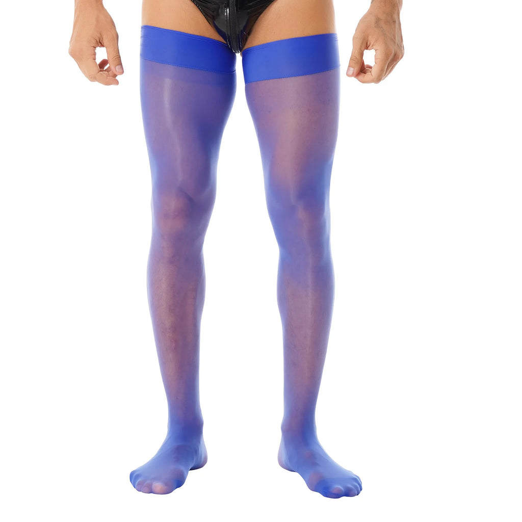1Pair Mens Thigh High Stockings Glossy See Through Socks Sexy Oil Shiny Anti-skid Soft Sheer Compression Elastic Silk Long Socks