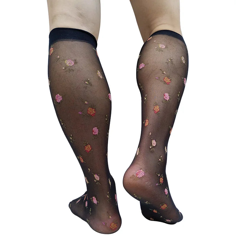 Men's Thin Sheer Sexy Socks with Floral Embroidery Black Knee High Formal Dress Suit Long Tube Stocking See through
