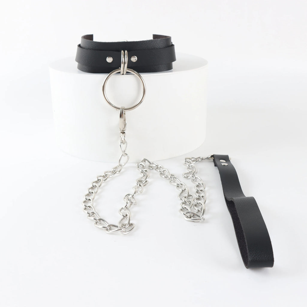 Leather Male Collar Neck Collar Punk Gothic Chain Traction Rope Gay Lothing Handmade Adjustable Accessorie