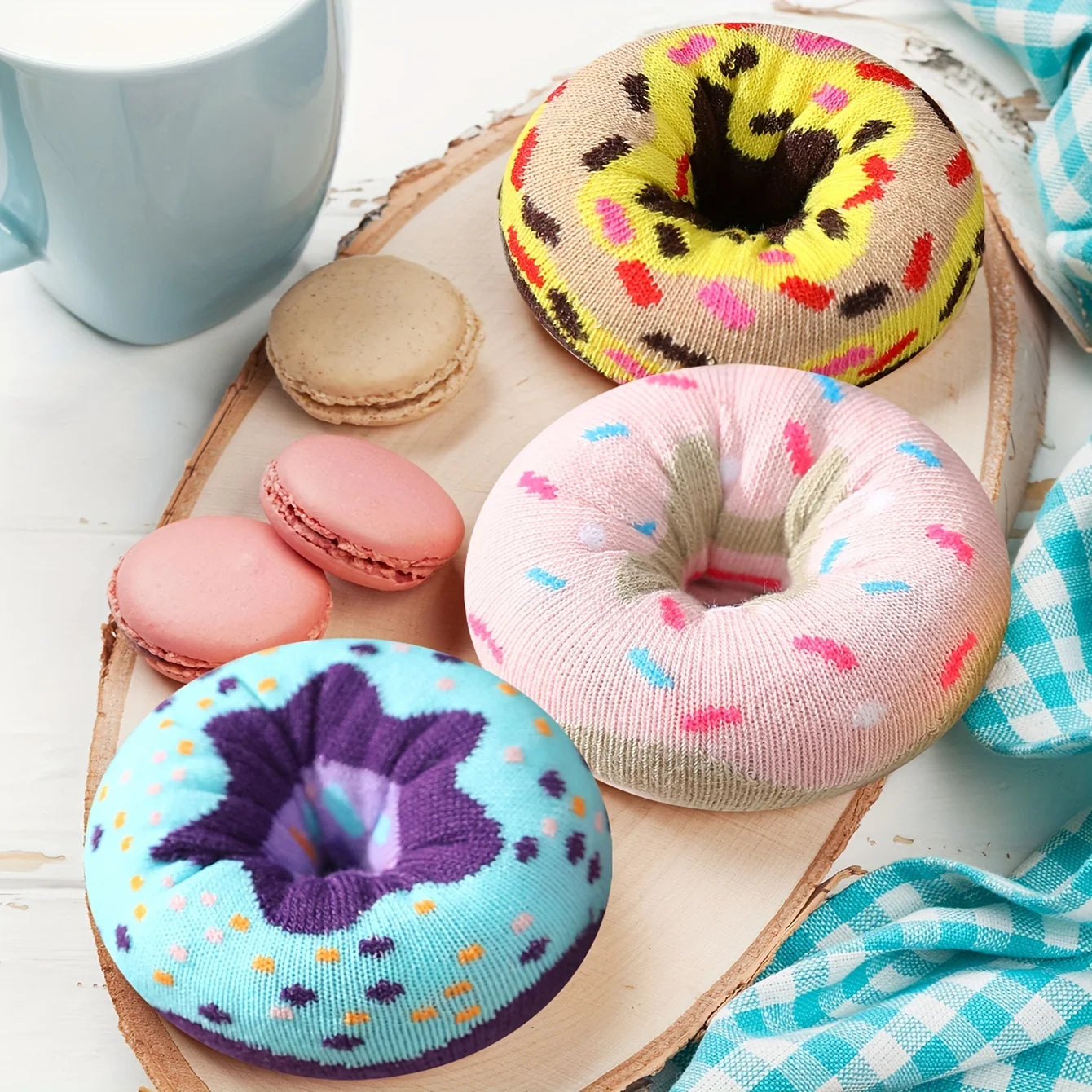 3 pairs of stylish, unique and interesting colorful donut pattern gift socks for men and women for all seasons