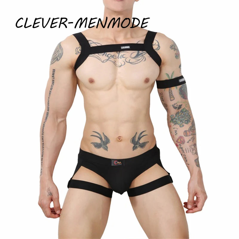 CLEVER-MENMODE Men's Sexy Harness Thong Elastic Halter BDSM Bondage Belt Fetish Costumes Male Body Strap Armband Underwear Set