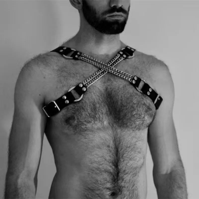 X-shape Men's Chest Harness Chain Belts Sexual Male Leather Body Straps Lingerie Fashion Punk Rave Gay Harness Accessories