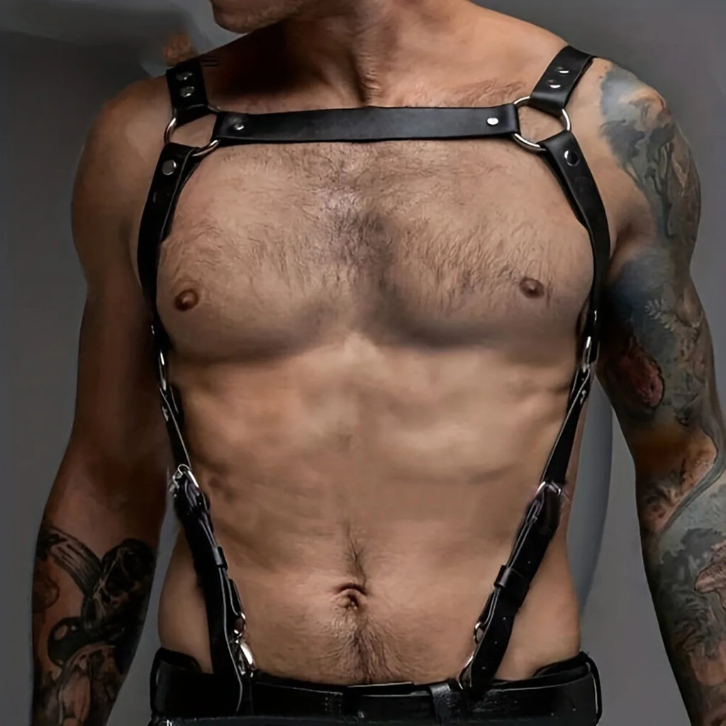 Leather Men Body Restraint Leather Shoulder Harness Belt Straps Suspenders Braces Armor Costume Sexual Male Lingerie Punk Gothic