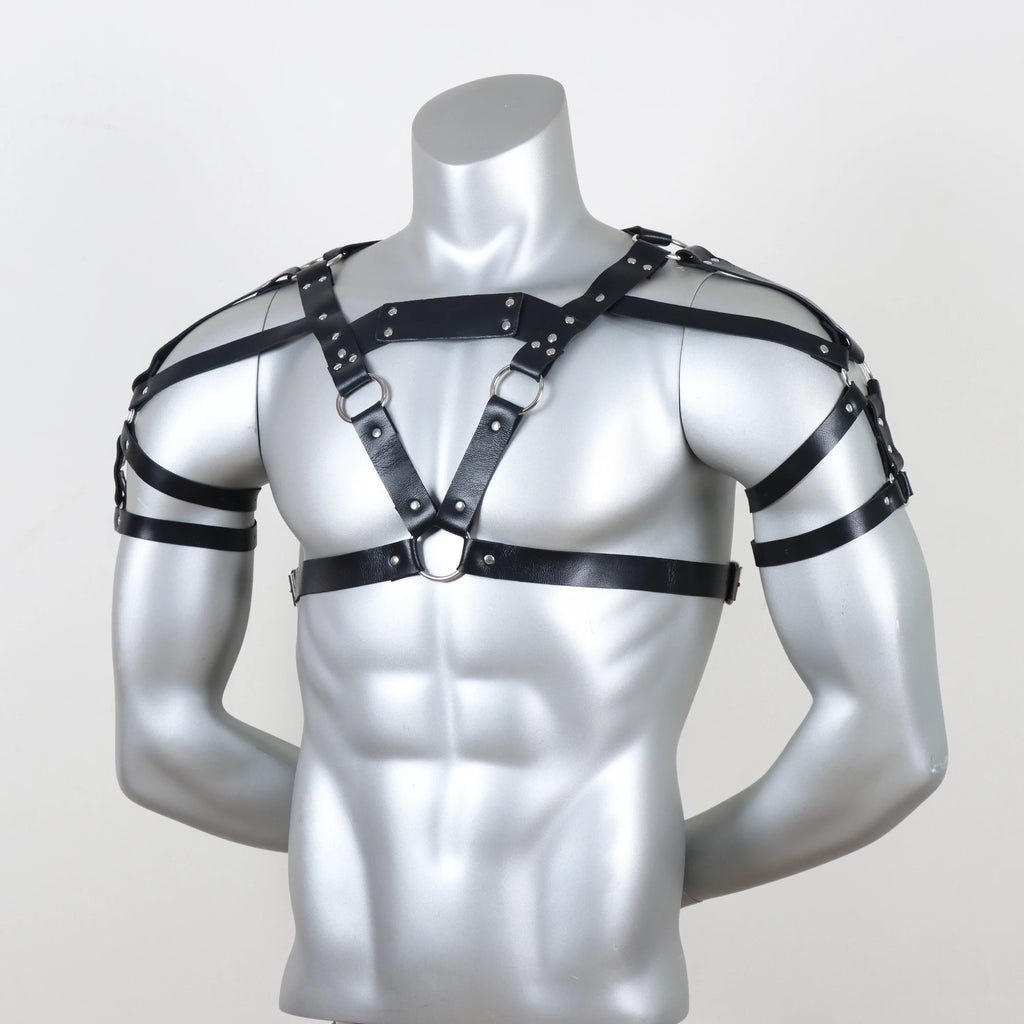Men's Punk Waist Belt, Gothic Black Leather Chest Harness Adjustable With Buckles and O-Rings Costume Costume