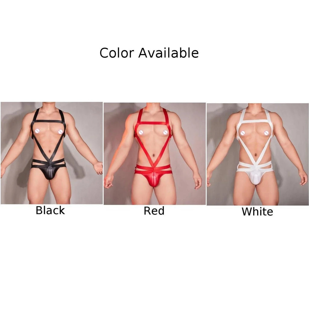 Mens Sexy Oil Shiny Hollowed Out Halter Neck Bodysuit Body Chest Harness Jumpsuits Underpants SM Erotic Smooth Male Bodysuits