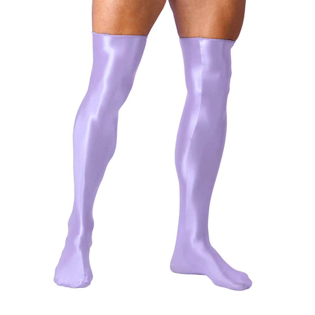 Mens Glossy Thigh High Stockings Solid Oil Shiny Smooth Stretchy Knee High Socks Sexy Sissy Crossdresser Nightclub Clubwear