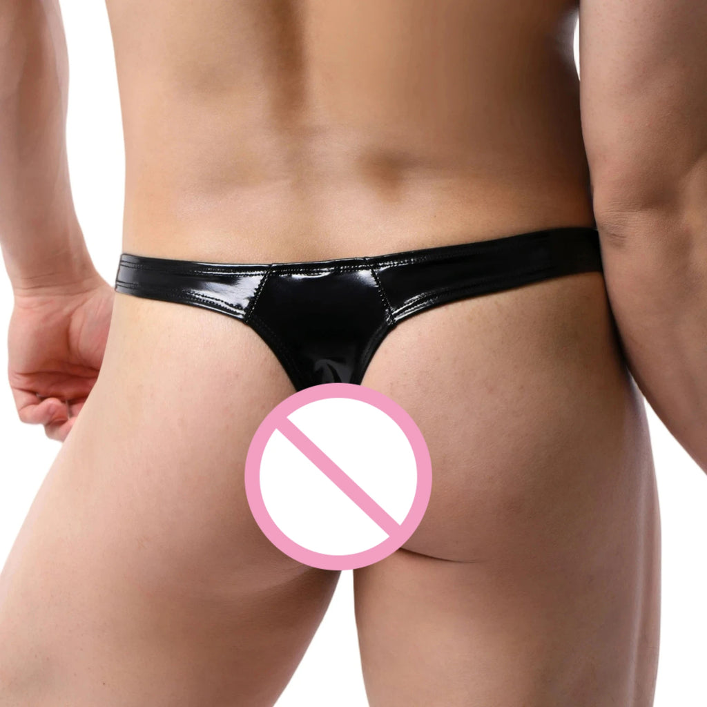 Men's Bulge Pouch G-Strings Sexy Low Waist T-back Wet Look Shiny PVC Leather Underwear Erotic Male Lingerie Thongs Jockstrap