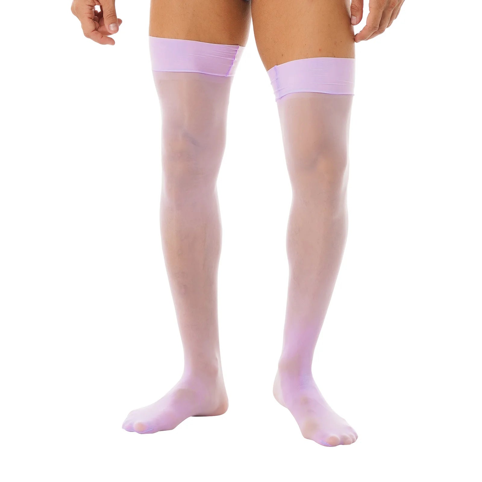 Men Glossy See-through Stockings Thin Shiny Solid Color Stretchy Sheer Thigh High Socks Sissy Fishnet Hollow Out Mesh Hosiery