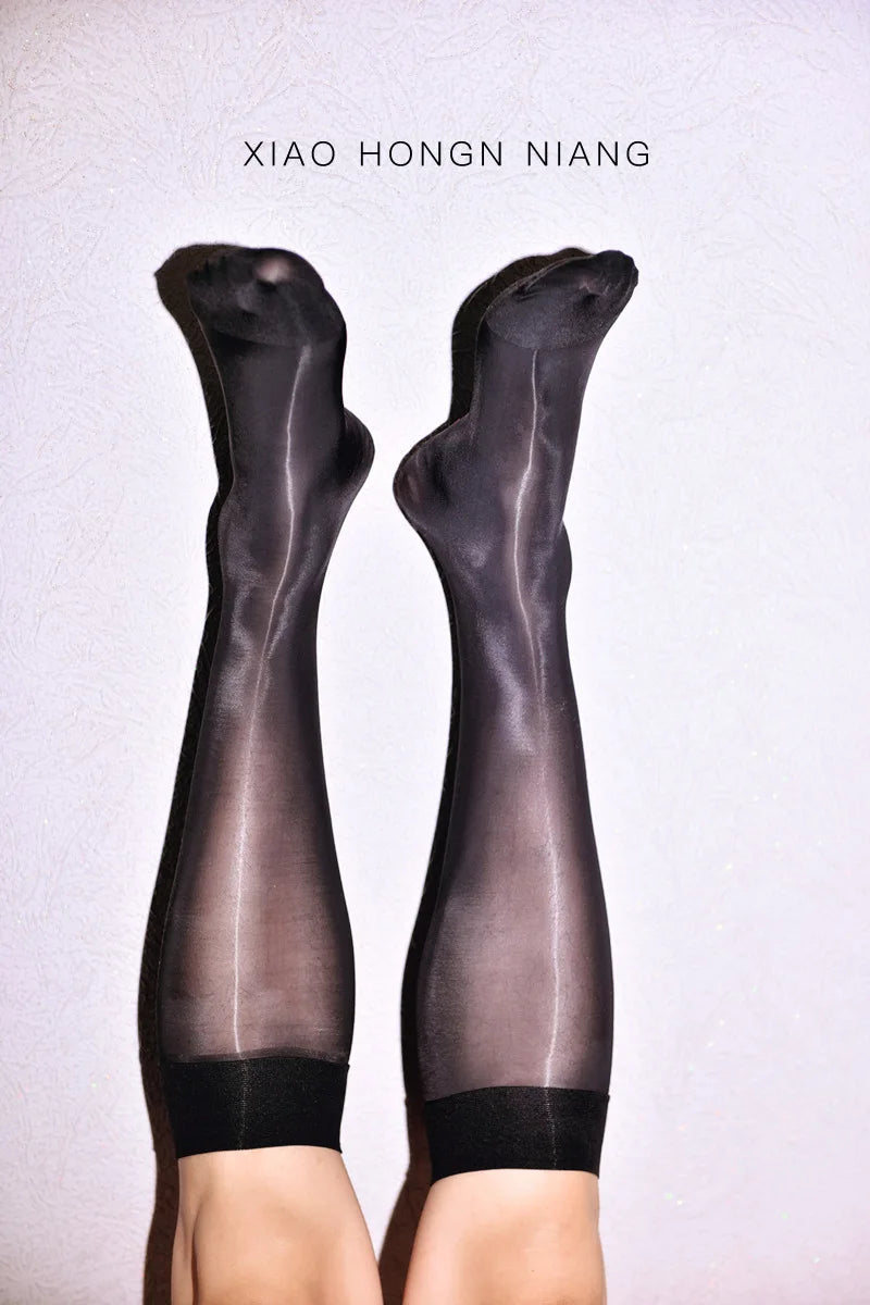 Sexy Men 8D Middle Socks Oil Glossy Ultra-Thin Stockings Silk Knee Socks Letter Business Shiny Long Socks Lingerie