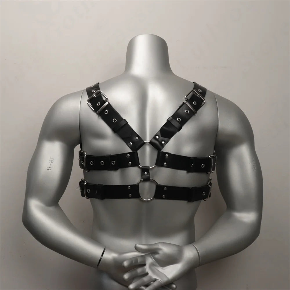 Leather Chest Harness Men with Armband Fetish Gay Body Bondage Cage BDSM Crossed Harness Belts for Men Punk Gothic Male Costumes