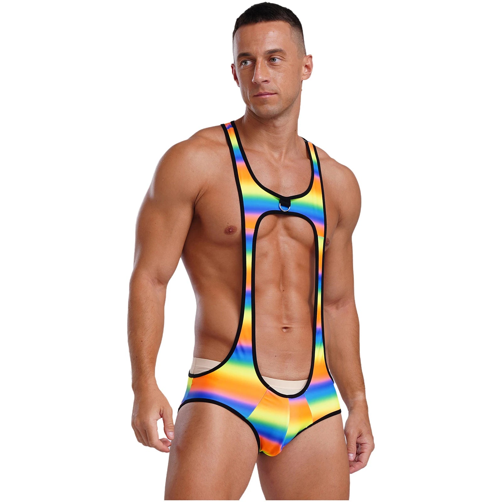 Sexy Mens Cutout U Neck Wrestling Singlet Costume Sleeveless Jockstrap Bodysuit Printed Open Butt Leotard Bodybuilding Fitness