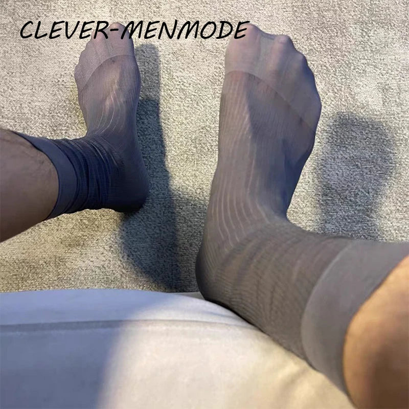 Men Sexy Dress Transparent Tube Silk High Socks Men Nylon Silk BDSM Slave Fetish Sissy Gay Hosiery Men Pure Sex Gaming Stockings