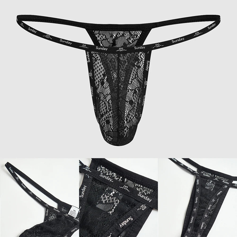 Black Lace Men Underwear Lace G-string Jockstraps Breathable Fabric Lace Pattern Men\'s Fashion See Through Design