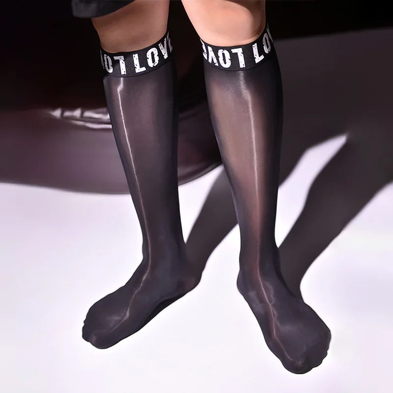 Sexy Men 8D Middle Socks Oil Glossy Ultra-Thin Stockings Silk Knee Socks Letter Business Shiny Long Socks Lingerie